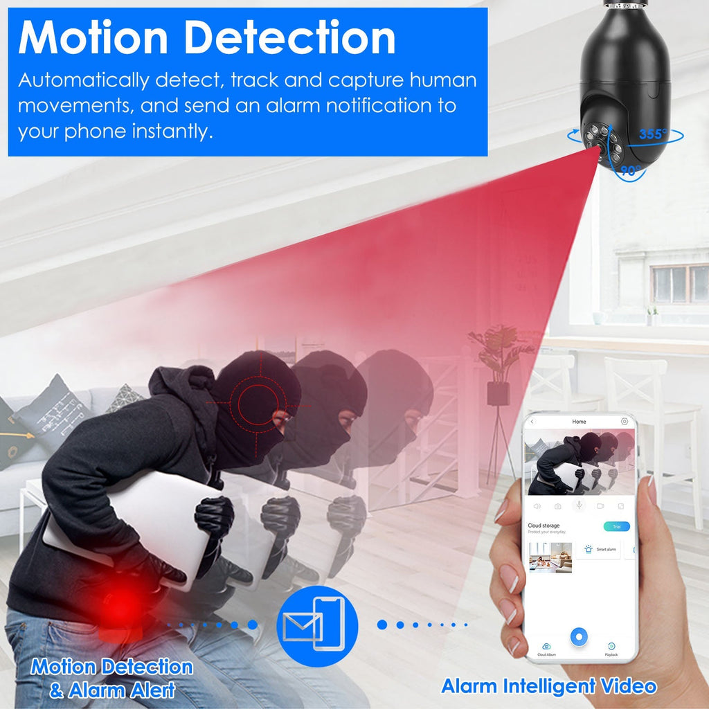 E27 WiFi Bulb Camera 1080P FHD WiFi IP Pan Tilt Security Surveillance Camera with Two-Way Audio Night Vision Motion Detection Function APP Control
