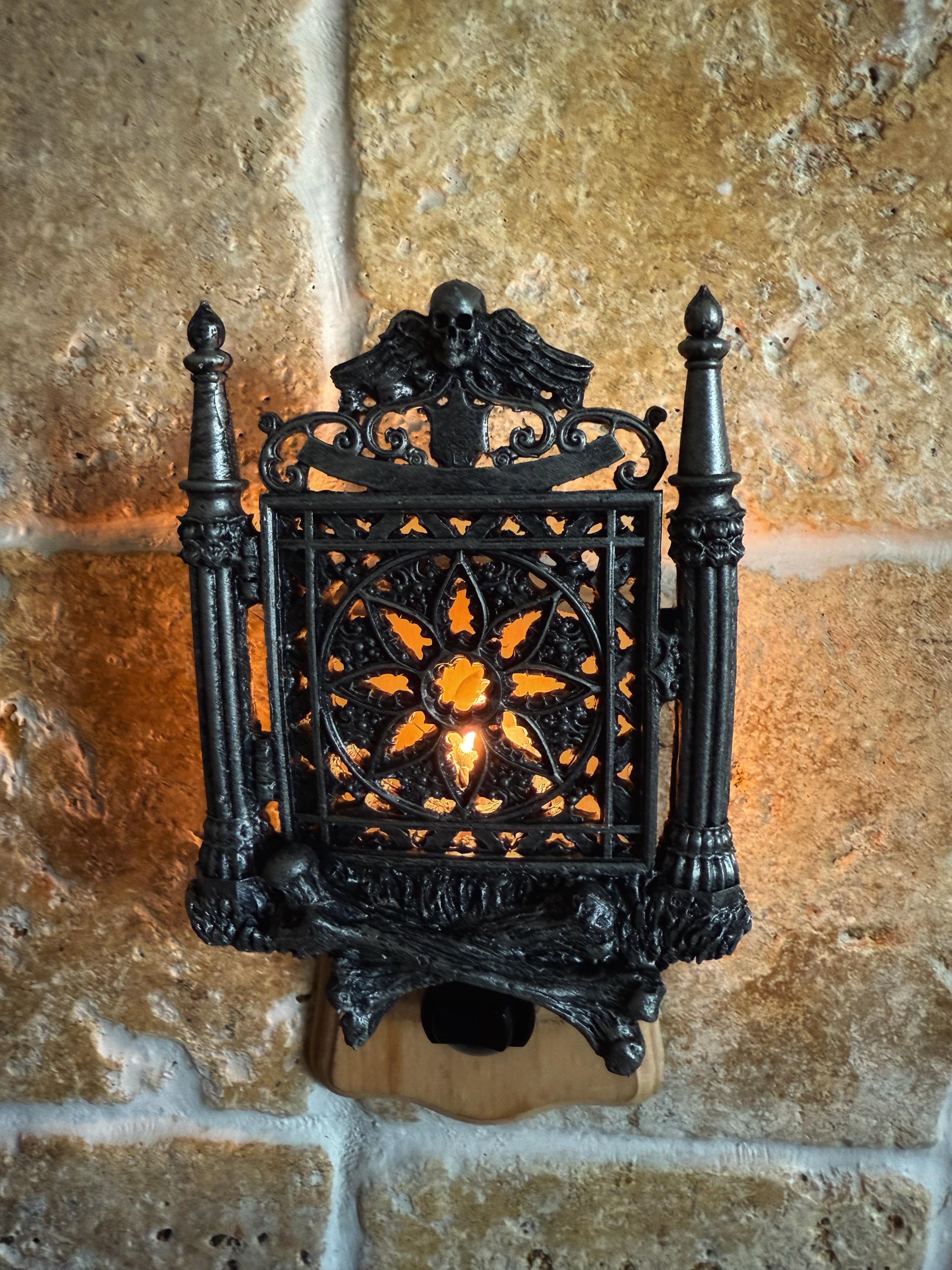 Cemetery Gates Nightlight, Hand Painted Resin Sculpture | Graveyard Gothic Night Light | Halloween Gift and Gothic Fantasy Home Decor