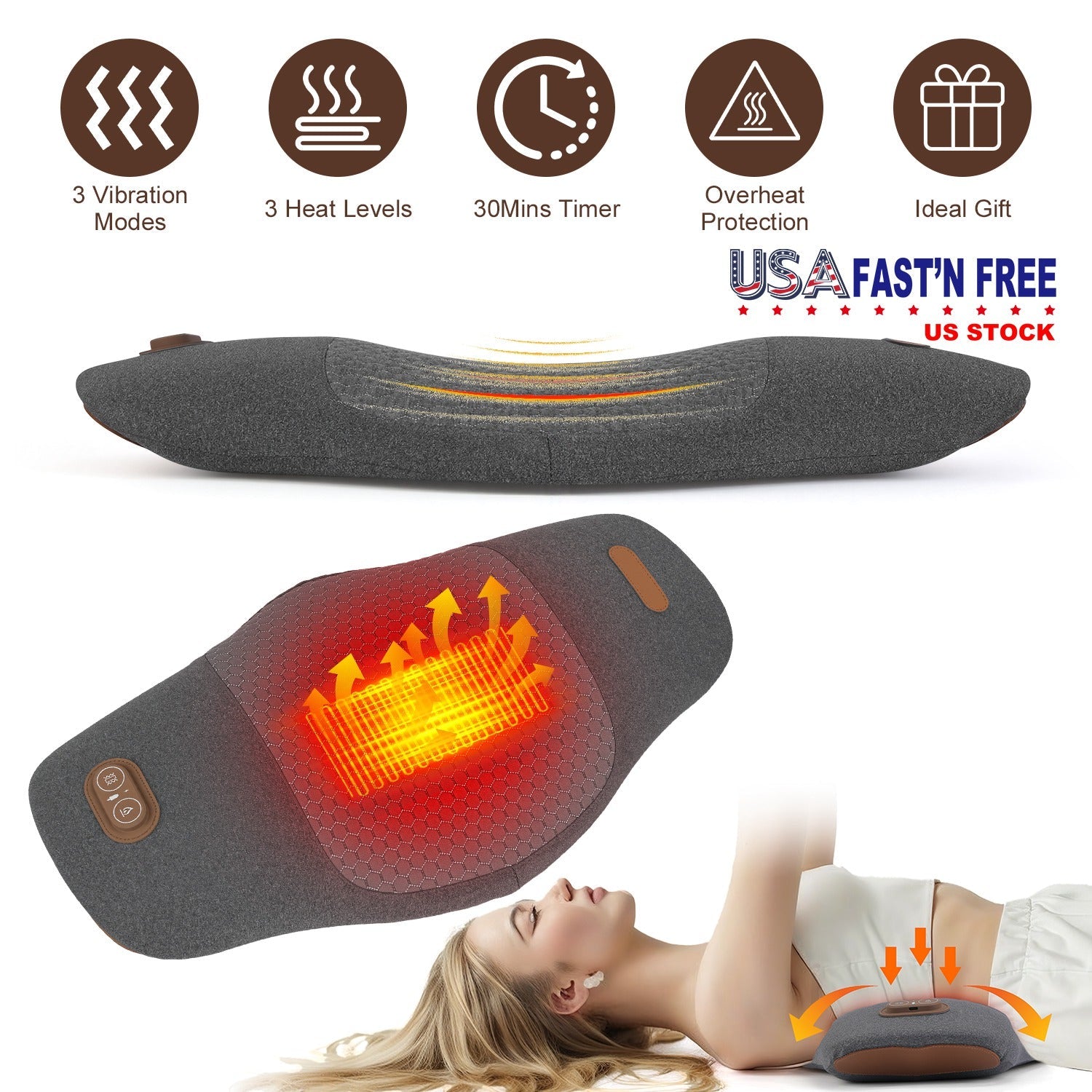 2 In 1 Electric Lumbar Massager Support Pillow Memory Foam Lower Back Massager with Heat Vibration Adapter for Pain Relief