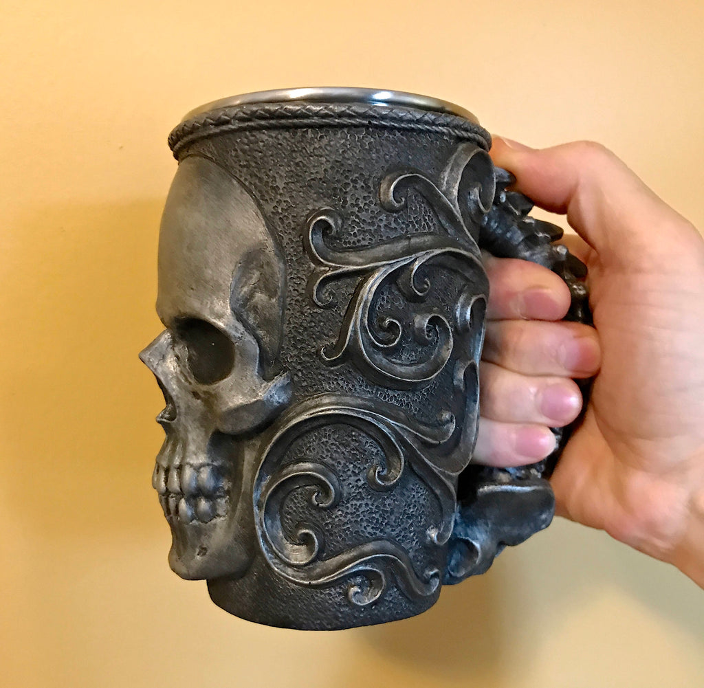 Necromancer Skull Mug, Hand Sculpted Resin Gothic Art Mug with Stainless Steel Liner