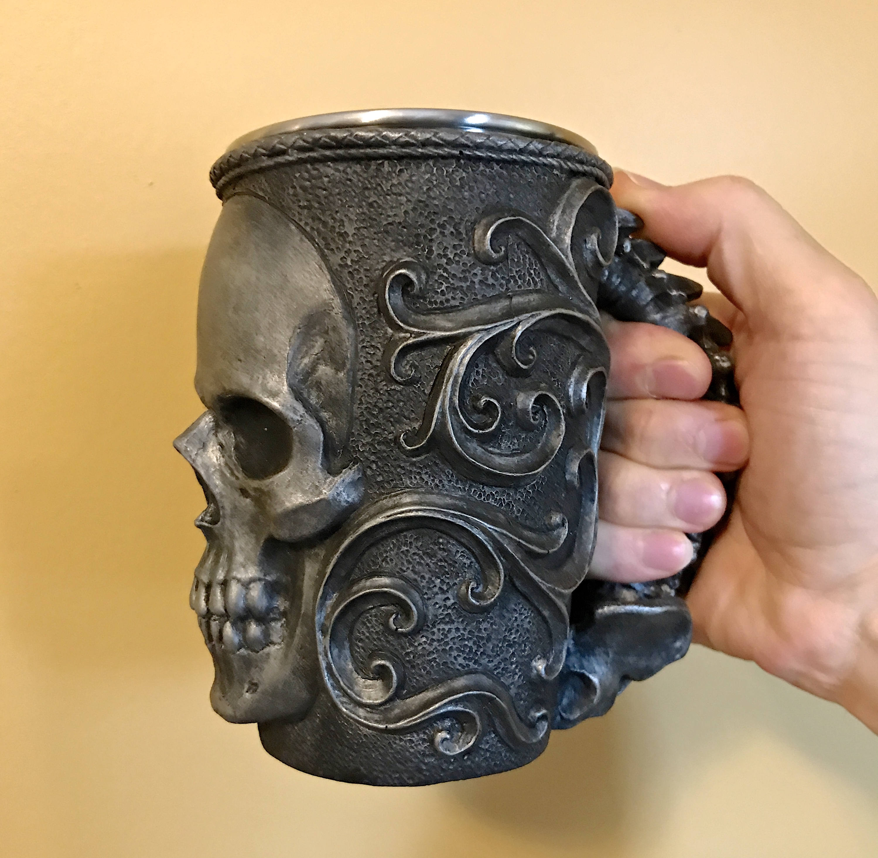 Necromancer Skull Mug, Hand Sculpted Resin Gothic Art Mug with Stainless Steel Liner