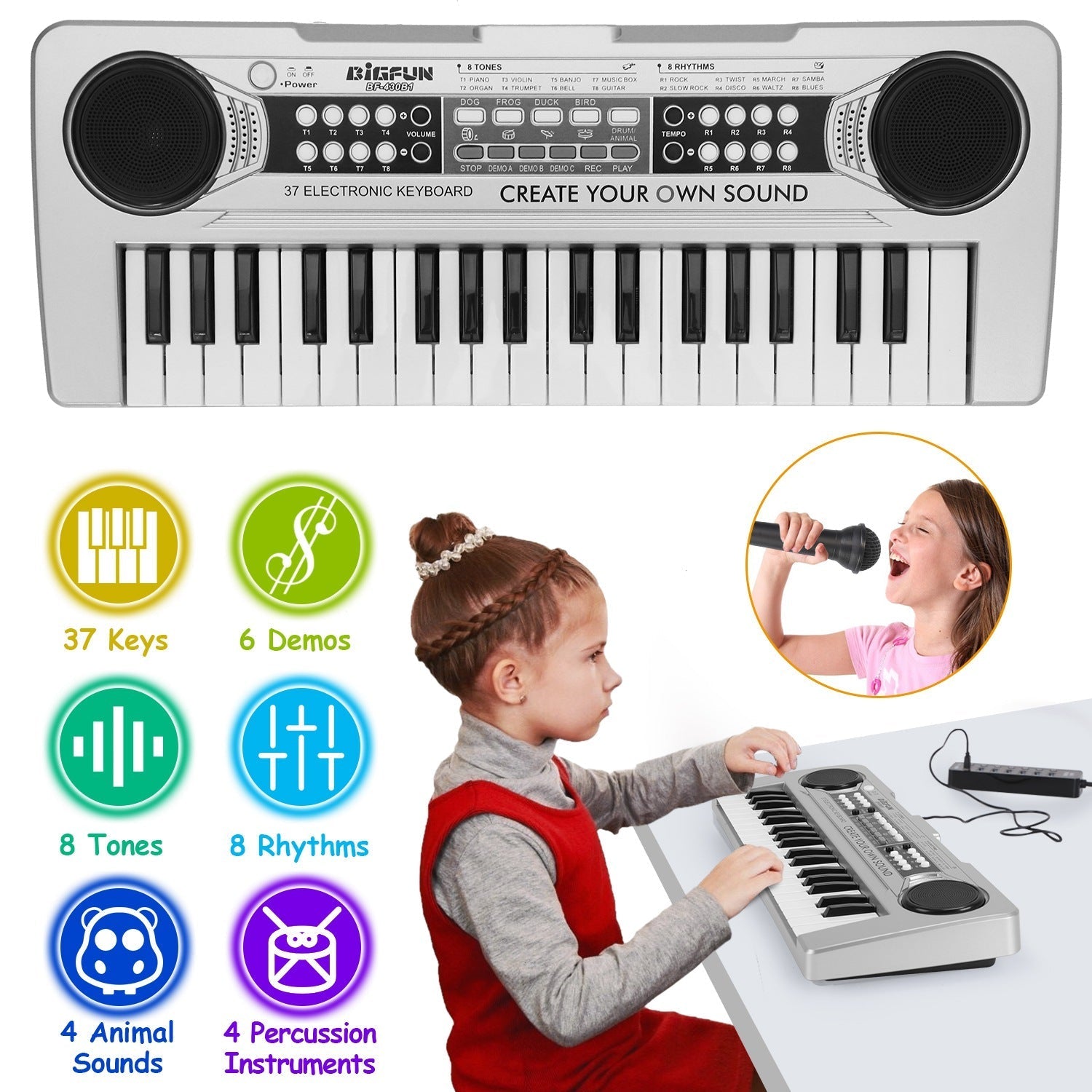 37 Keys Digital Music Electronic Keyboard Electric Piano Musical Instrument Kids Learning Keyboard with Microphone for 3-10 Year Old Kids Girls Boys
