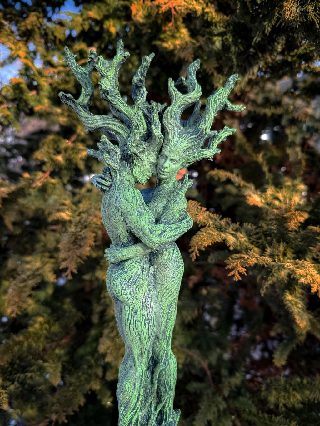 Amor Silvanus: Embracing Dryads Statue, Green Version | Mythical Forest Creature Figurine | Woodland Tree Spirit Couple, Fantasy Art Decor