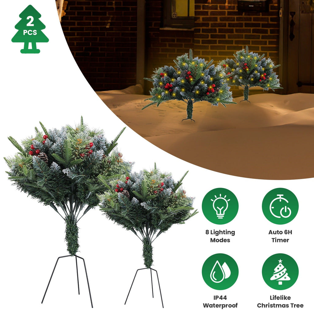 2Pcs Christmas Tree Urn Filler With Light Artificial Lighted Xmas Trees Light with Cones Berries Holiday Planter Filler LED Pathway Pine Tree IP44 Wat