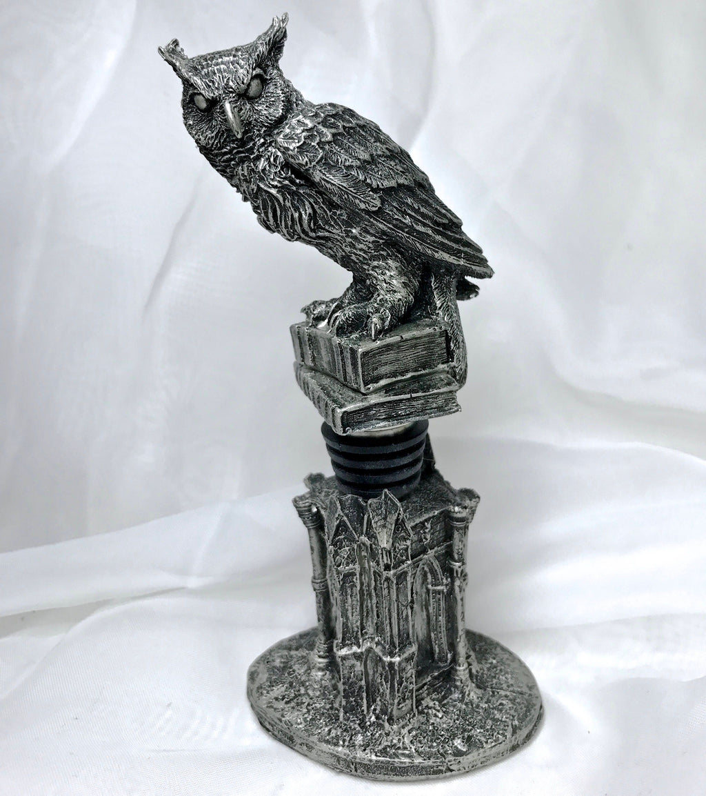 Horned Owl Winestopper, Hand Sculpted Resin | Gothic Art Barware | Owl with Books Bottle Stopper | FantasyGothic Witch Wine and Barware Gift