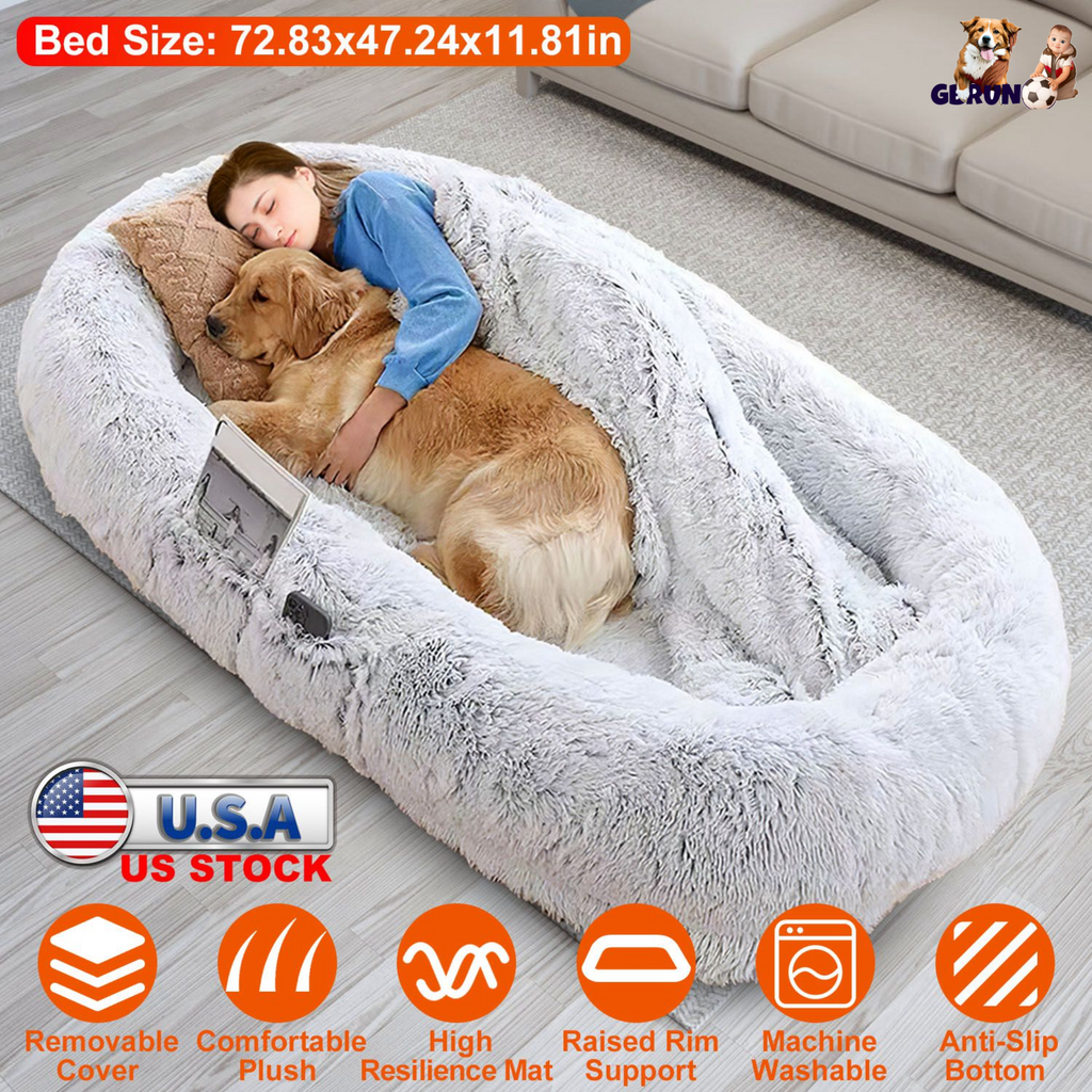 Human Size Dog Bed with Pillow Blanket 72.83x47.24x11.81in Bean Bag Bed Washable Removable Flurry Plush Cover Large Napping Human-Sized Bed For Adults