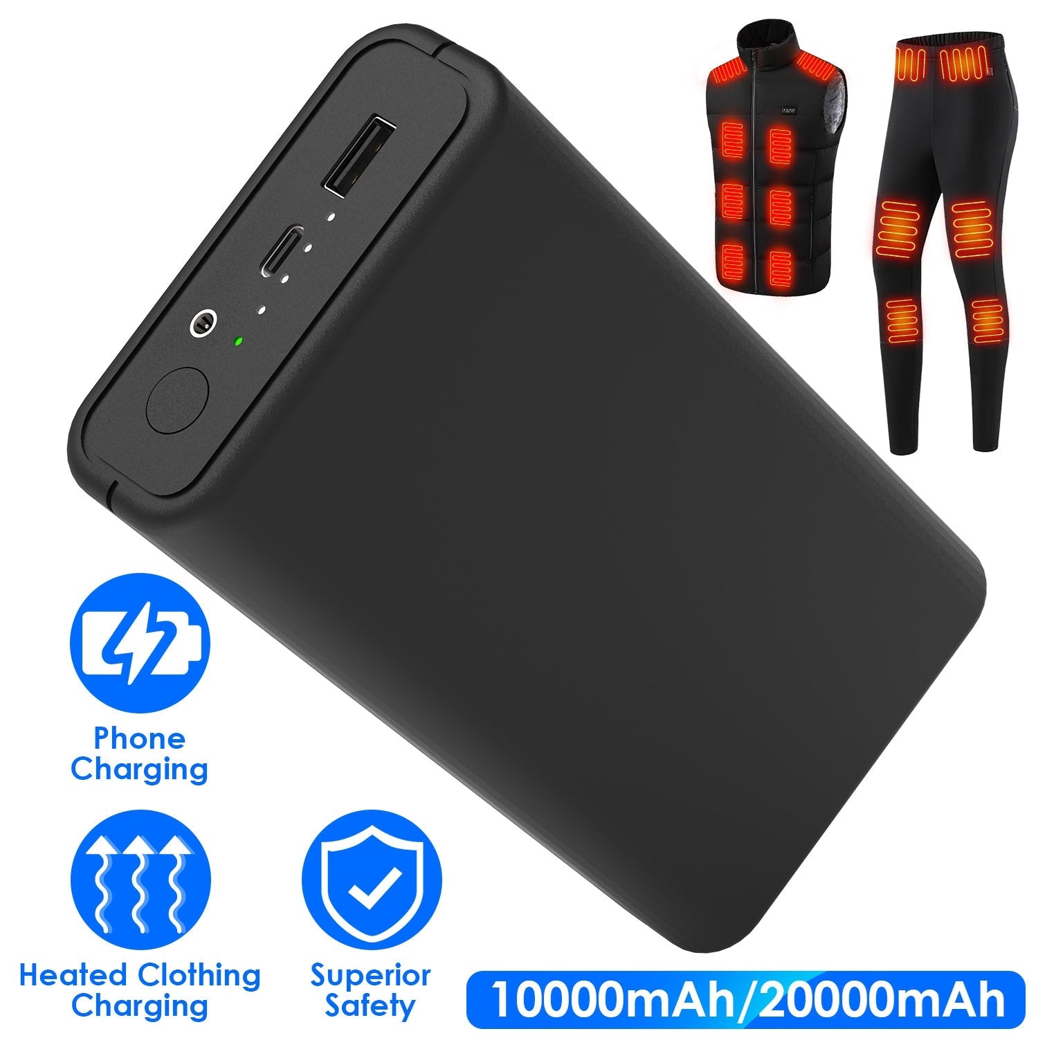 20000mAh 5V 2A Power Bank for Heated Jackets Vests Pants Gloves Scarves DC 7.4V 2A Heated Clothing Replacement Battery Pack for Men Women