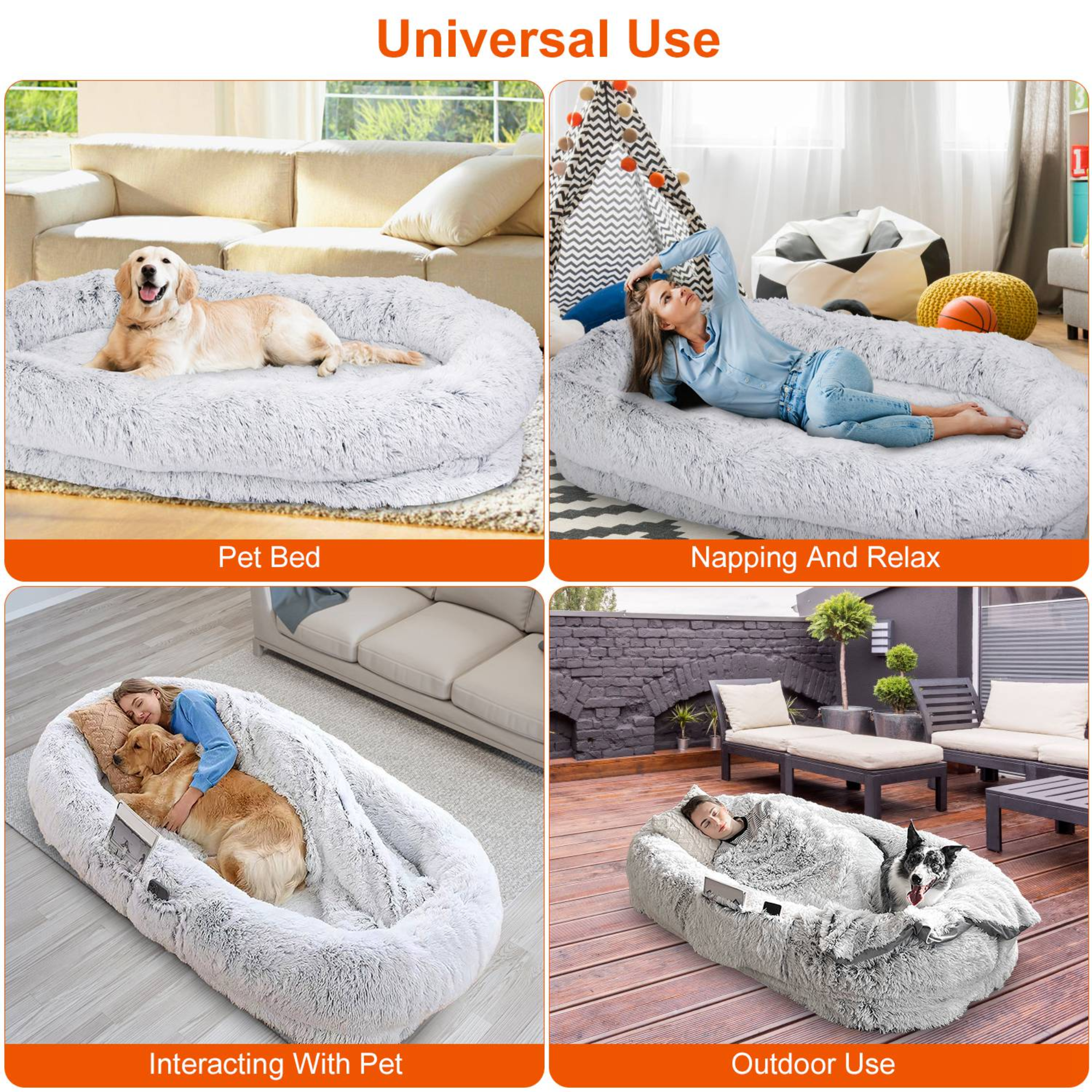 Human Size Dog Bed with Pillow Blanket 72.83x47.24x11.81in Bean Bag Bed Washable Removable Flurry Plush Cover Large Napping Human-Sized Bed For Adults