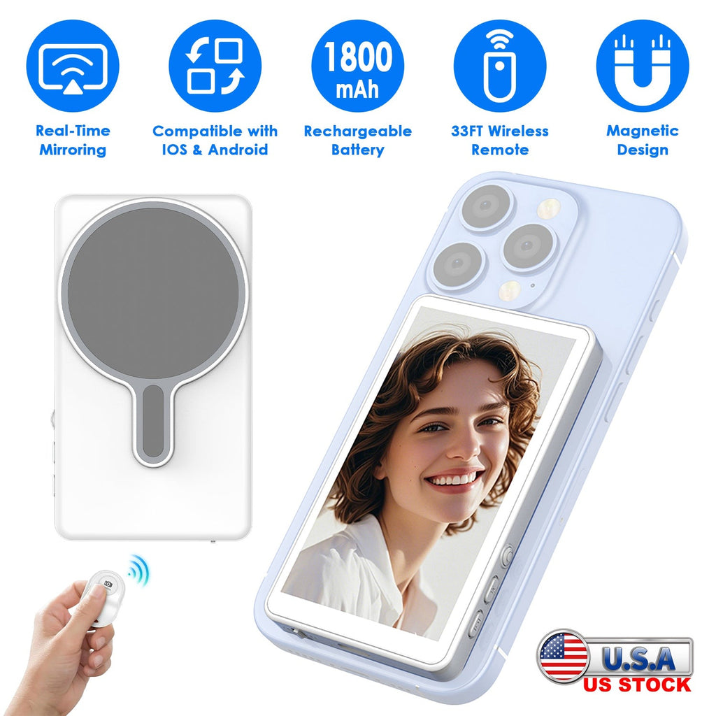 Vlog Selfie Monitor Screen Magnetic Rear Camera Phone Monitor Wireless Selfie Monitor Screen with 33FT Remote for Vlog Live Stream Compatible with IOS