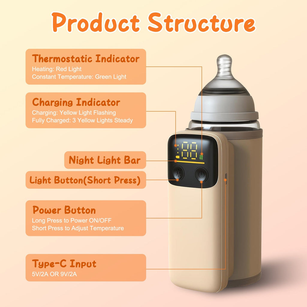 Portable Bottle Warmer with Night Light On The Go Baby Milk Warmer Milk Formula Warmer for Home Travel with 6 Heating Levels