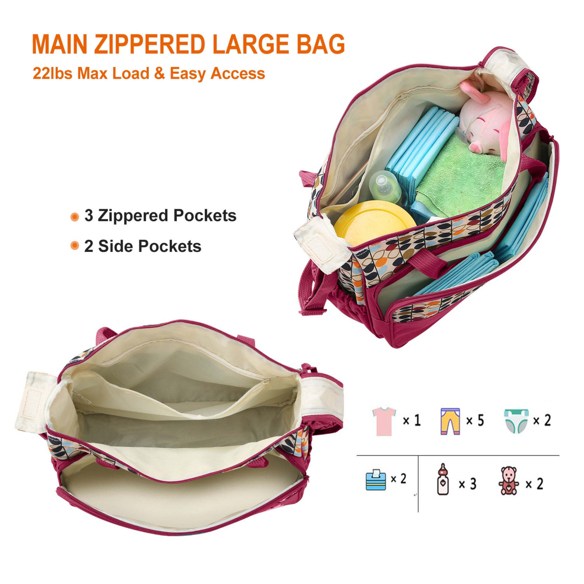 5PCS Baby Nappy Diaper Bags Set Mummy Diaper Shoulder Bags w/ Nappy Changing Pad Insulated Pockets Travel Tote Bags For Mom Dad