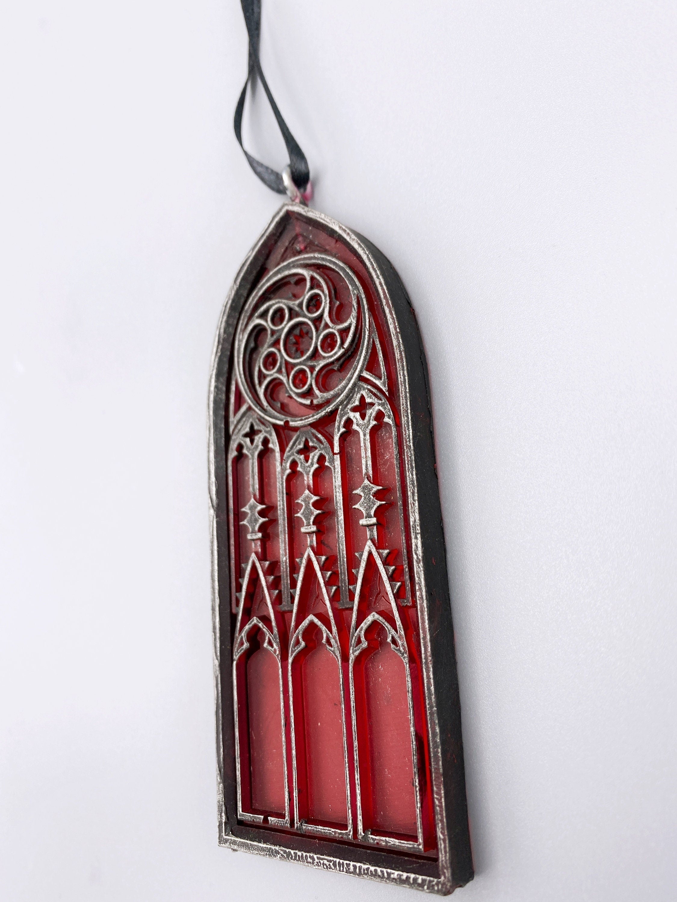 Gothic Cathedral Arch Ornament, Translucent Red| Unique Gothic Home Decor | Resin Medieval Architecture, Gothic Ornament Holiday Decor