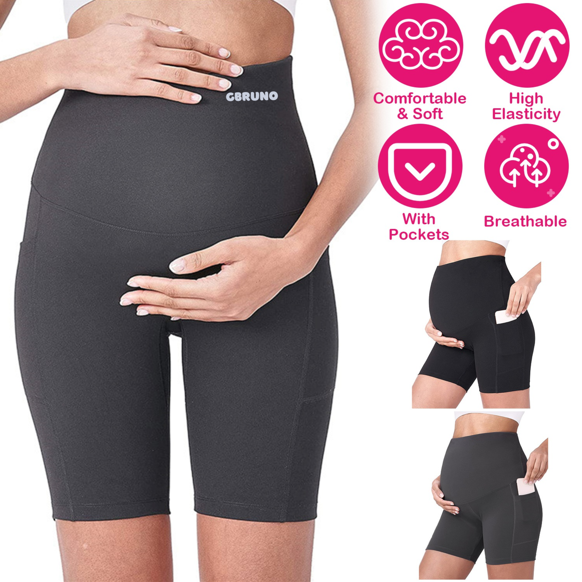 Women Maternity Shorts Seamless Pregnancy Underwear Shapewear Fitness Yoga Running Shorts High Waist Over The Belly Pants with Two Side Pockets
