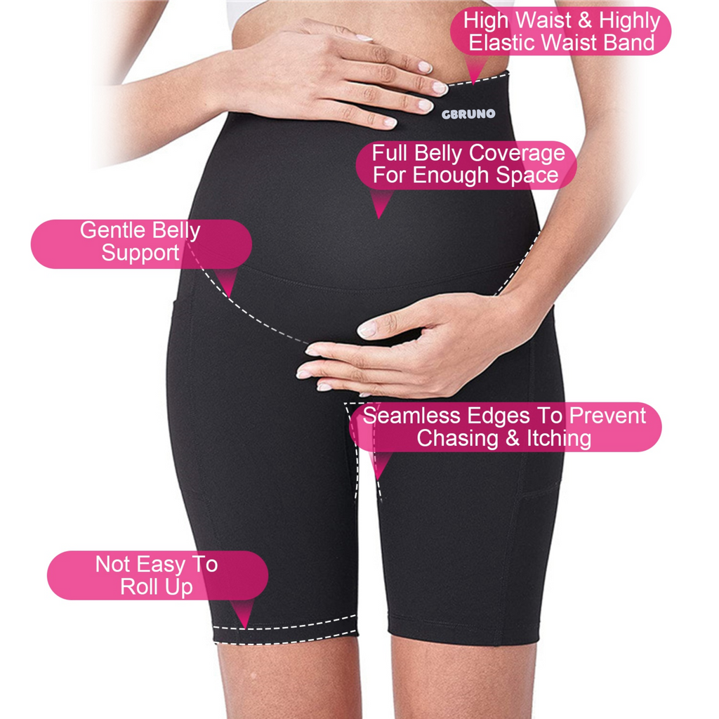 Women Maternity Shorts Seamless Pregnancy Underwear Shapewear Fitness Yoga Running Shorts High Waist Over The Belly Pants with Two Side Pockets