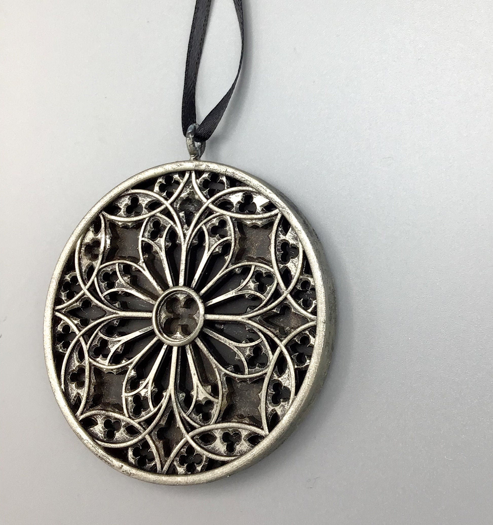 Gothic Cathedral Window Ornament, Pewter Finish | Unique Gothic Home Decor | Resin Medieval Architecture, Gothic Ornament Holiday Decor