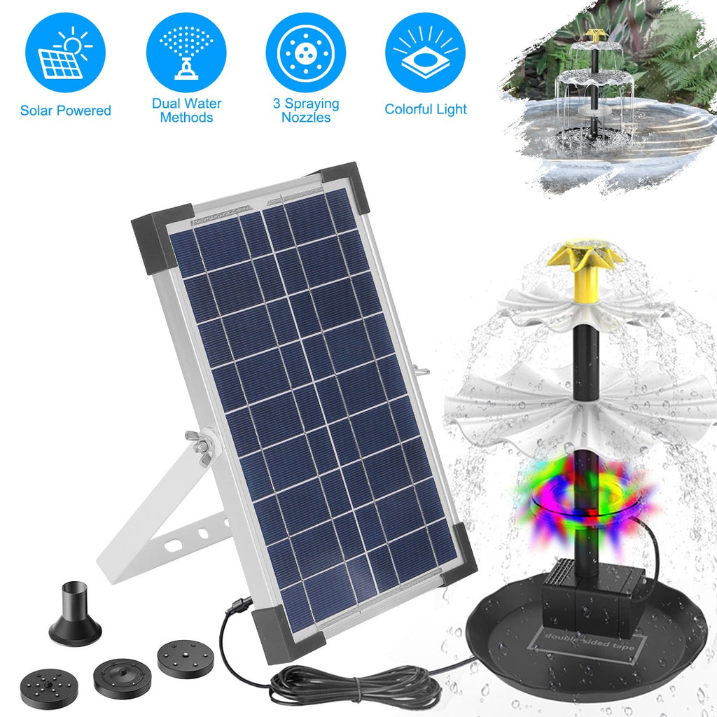 3-Tier Solar Bird Bath Fountain Solar Powered Water Pump Waterfall Feature with Colorful Light 3 Nozzles 6W Solar Panel for Bird Bath Patio Yard Pond