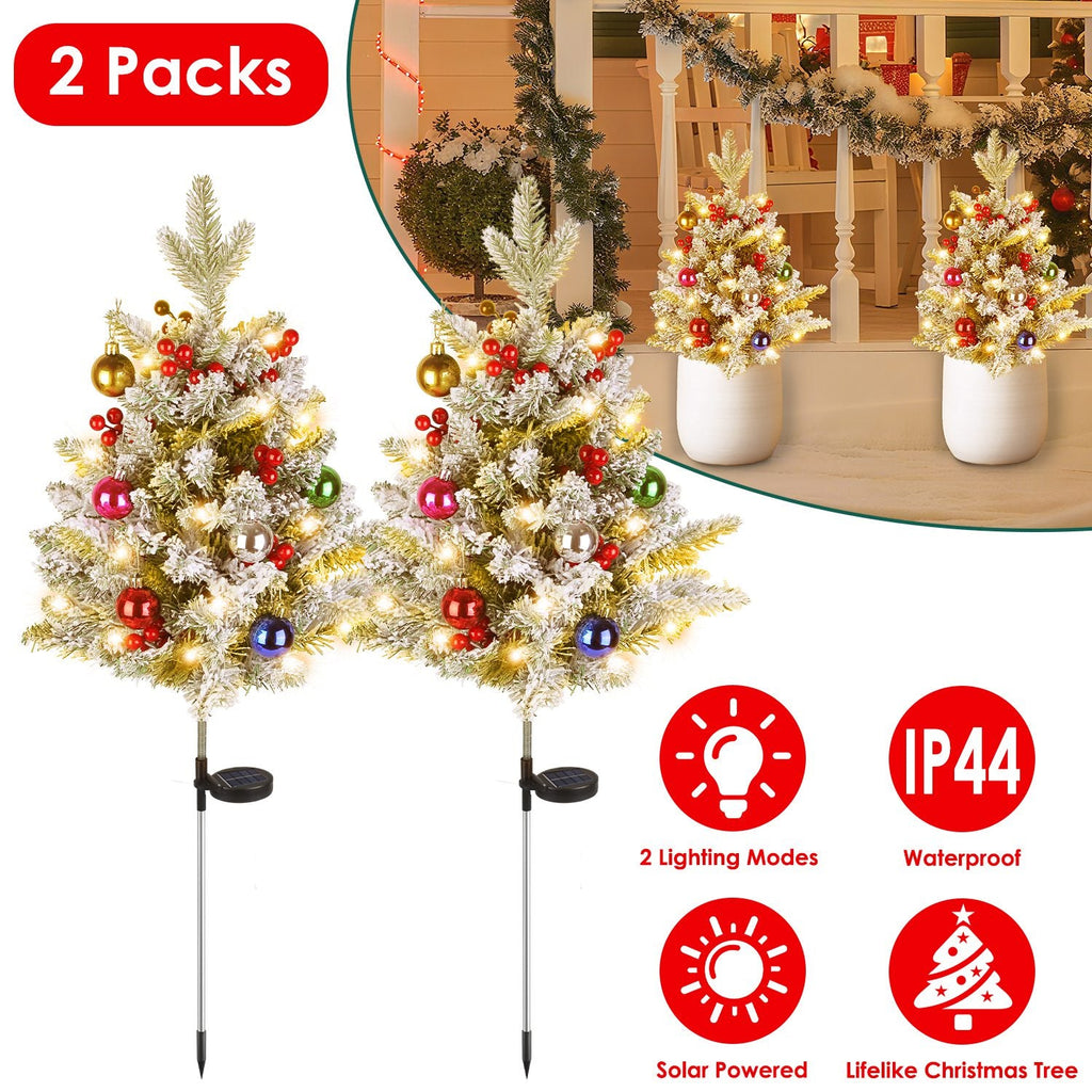 2Pcs Solar Powered Lighted Christmas Tree Urn Filler With Light Artificial Xmas Trees Light with Berries Decor Balls LED Pathway Pine Tree IP44 Waterp