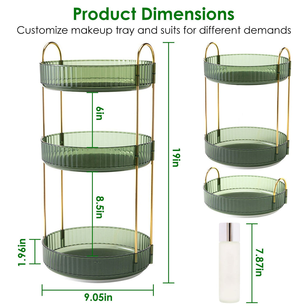 3 Tier Rotating Makeup Organizer 360¡ Spinning Perfume Cosmetic Storage Tray 55LBS Load Countertop Shelves for Lotion Lipstick