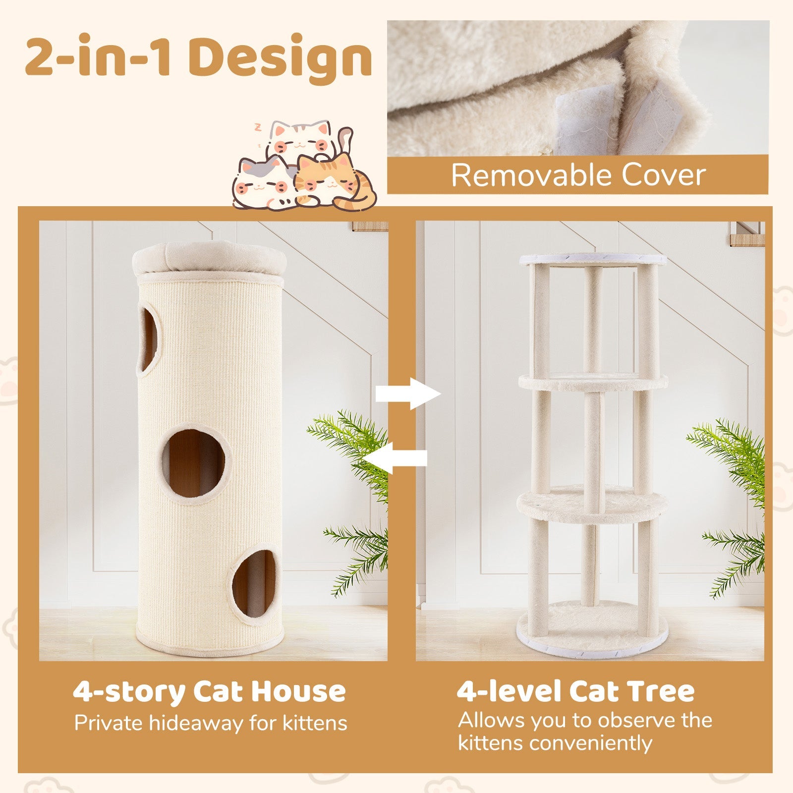 49 Inch Elevated Cat Cave 4-Story Cat House for Multiple Cats-Beige