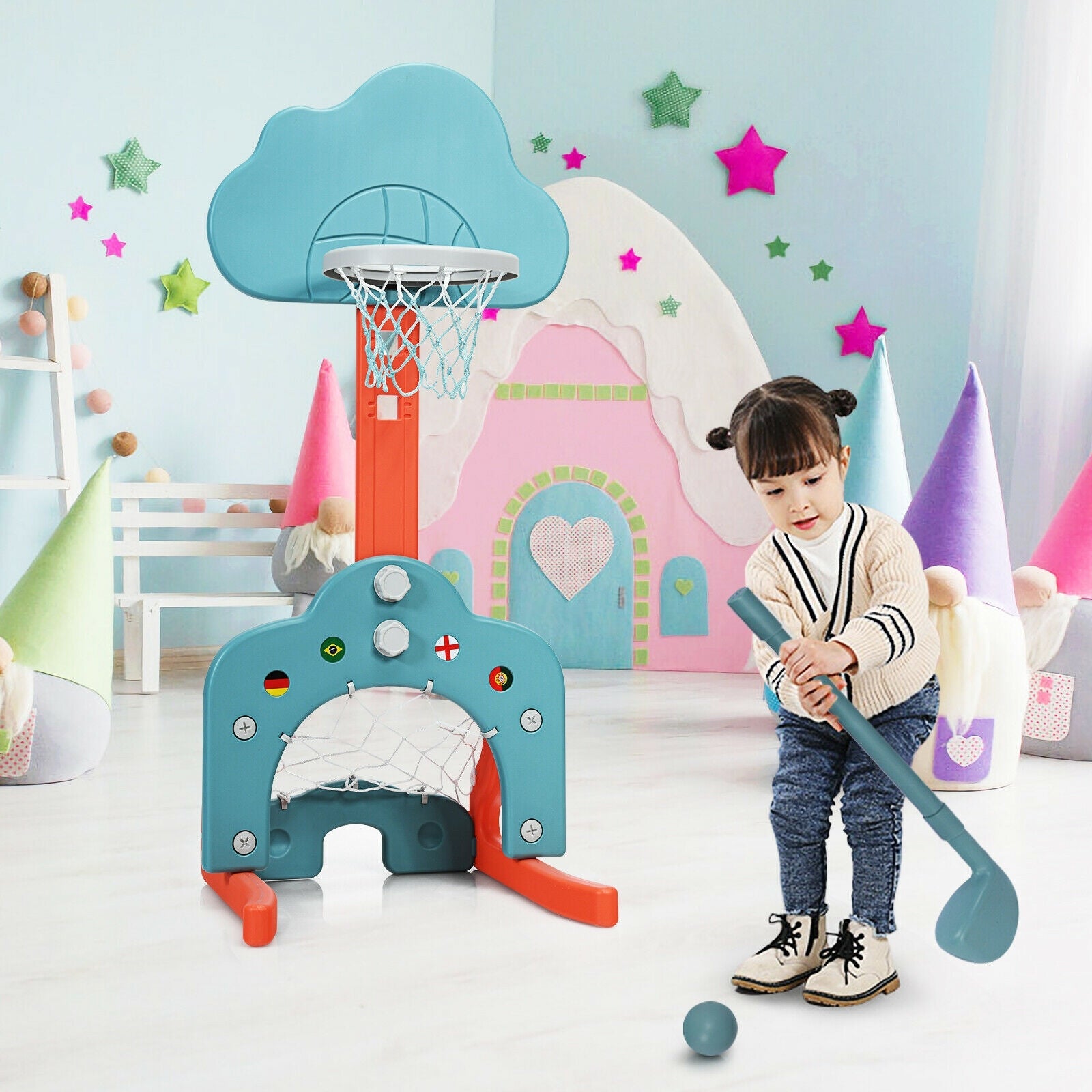 3-in-1 Kids Basketball Hoop Set with Balls-Green