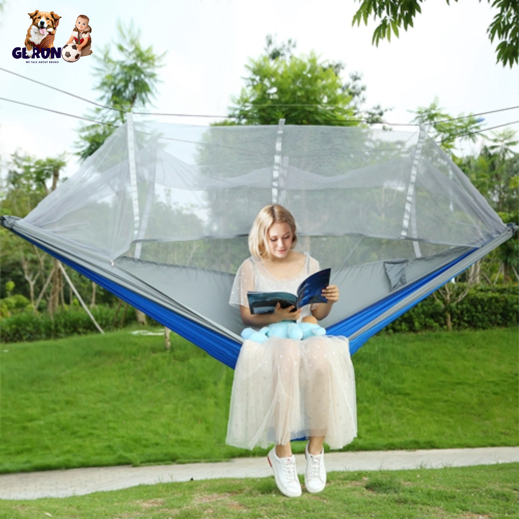 600lbs Load 2 Persons Hammock w/Mosquito Net Outdoor Hiking Camping Hommock Portable Nylon Swing Hanging Bed w/ Strap Hook Carry Bag