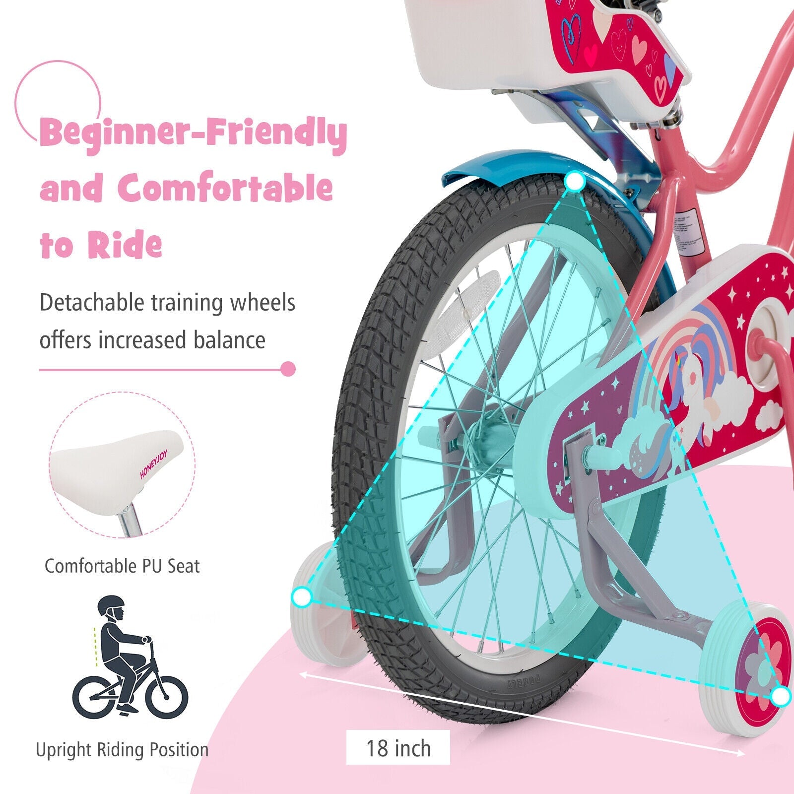Kids Bicycle with Training Wheels and Basket for Boys and Girls Age 3-9 Years-18 inches