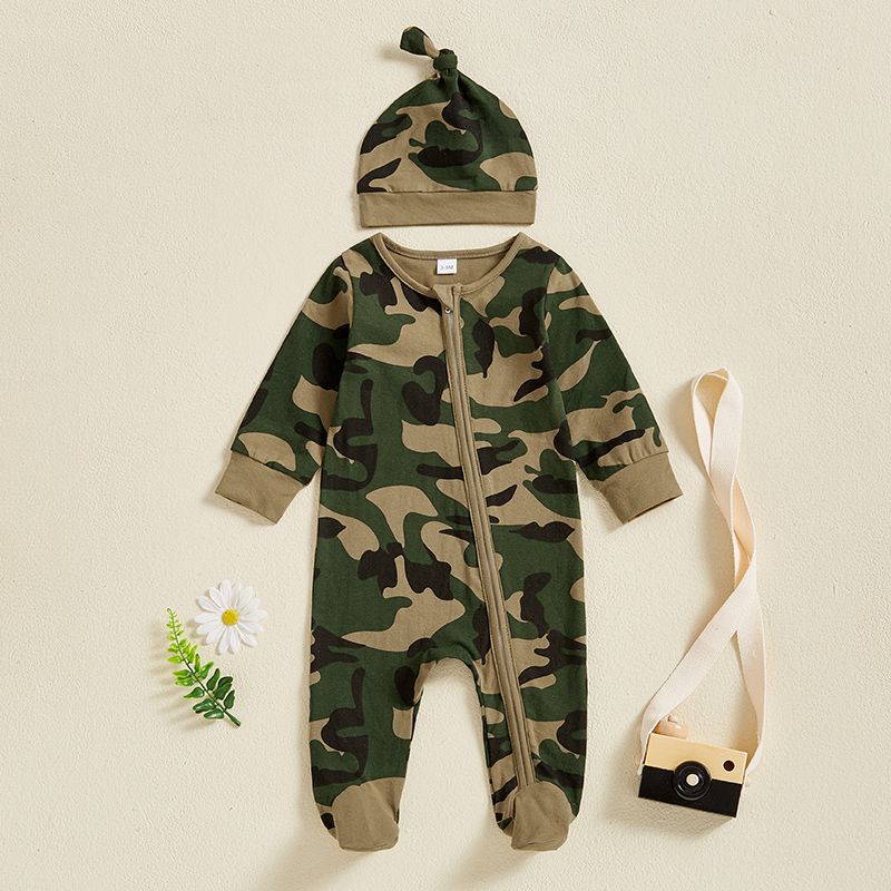 Newborn Baby Girls Boys Camouflage Military Deisgn Romper Infant Cute Zipper Casual Jumpsuit Hairband Hat Set Clothes For Girls And Boys