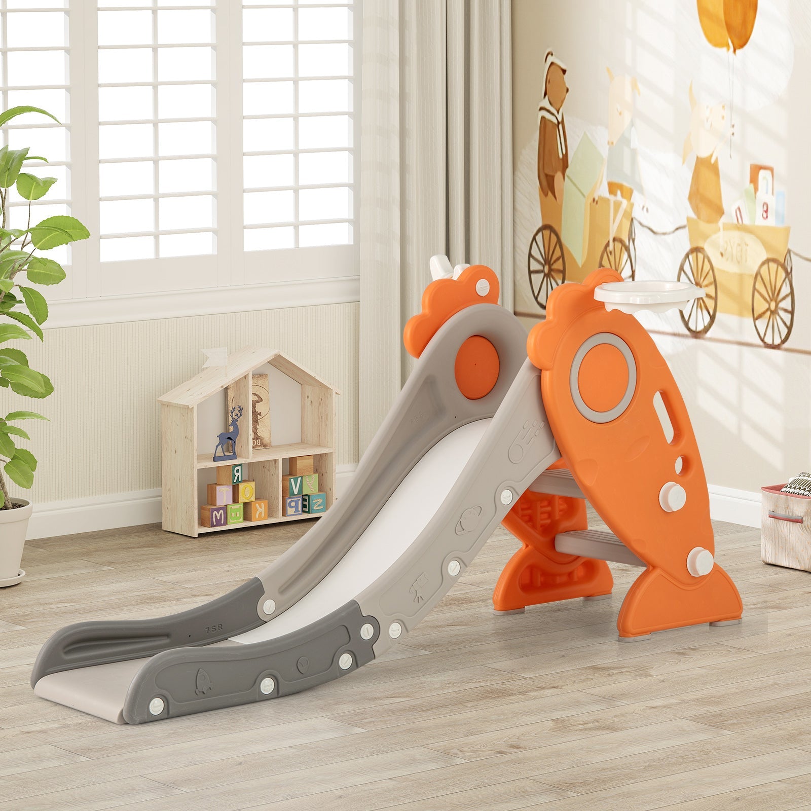 4 in 1 Indoor Slide for Kids Age 3+ Years with Basketball Hoop and Rings-Orange