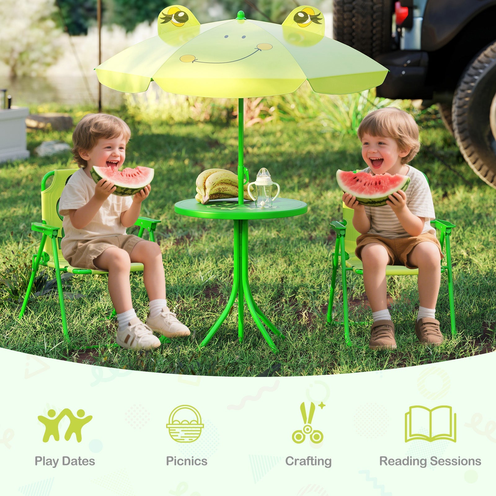 4 Pieces Kids Picnic Set with 2 Folding Chairs and Height Adjustable Umbrella-Light Green