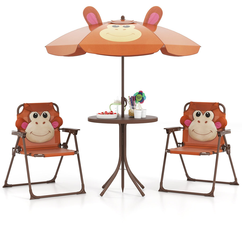 4 Pieces Kids Picnic Set with 2 Folding Chairs and Height Adjustable Umbrella-Brown