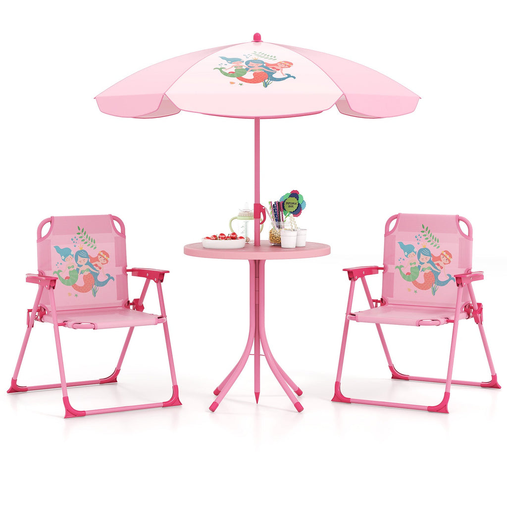 4 Pieces Kids Picnic Set with 2 Folding Chairs and Height Adjustable Umbrella-Pink