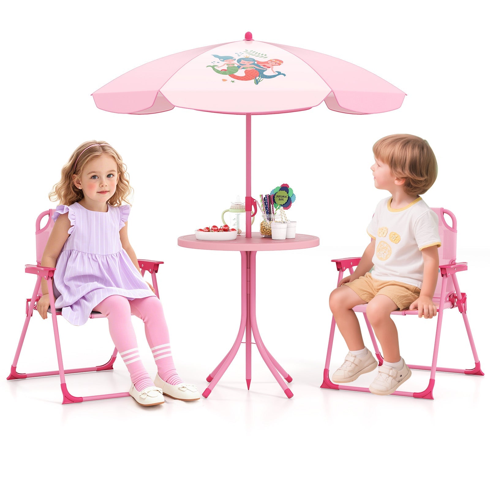4 Pieces Kids Picnic Set with 2 Folding Chairs and Height Adjustable Umbrella-Pink