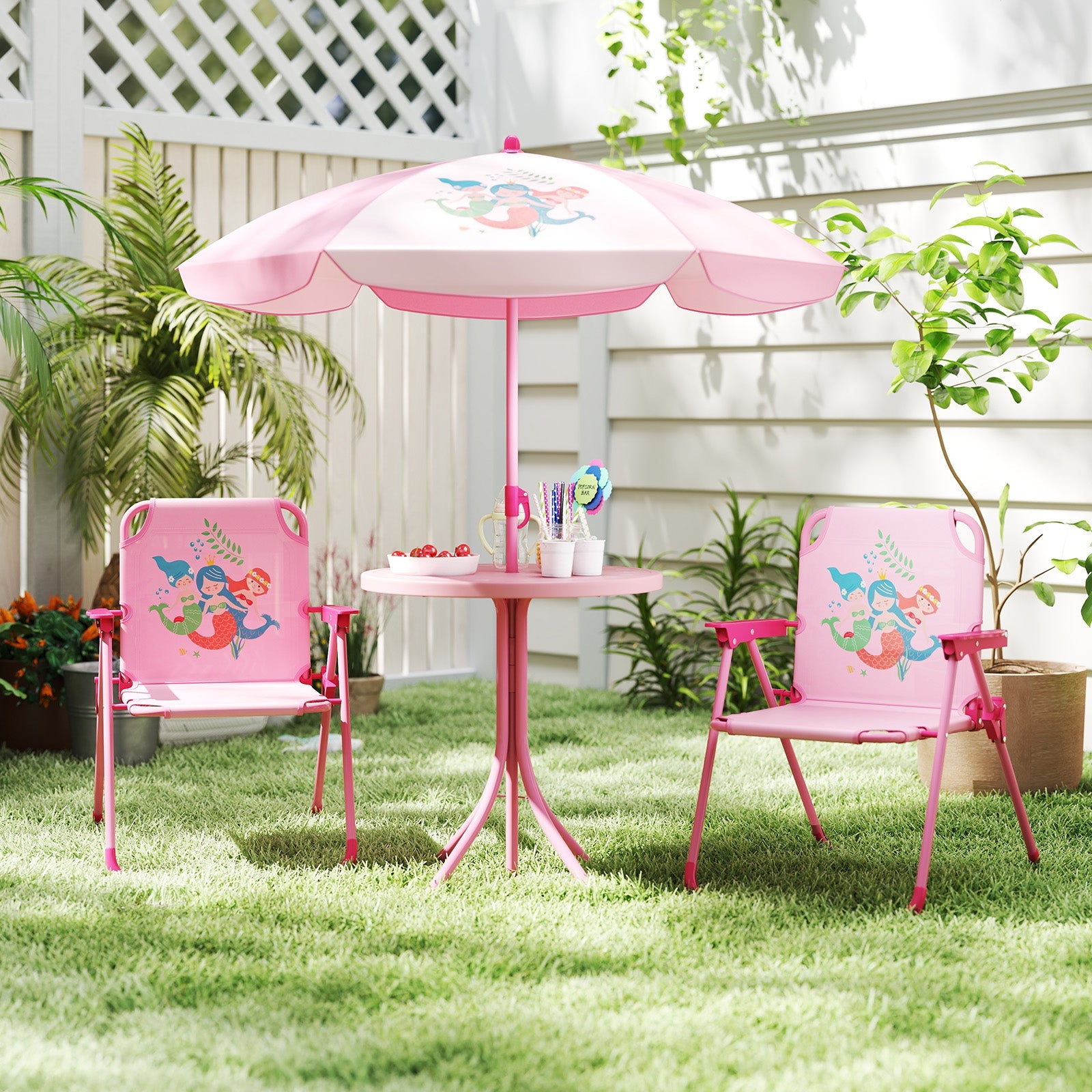 4 Pieces Kids Picnic Set with 2 Folding Chairs and Height Adjustable Umbrella-Pink