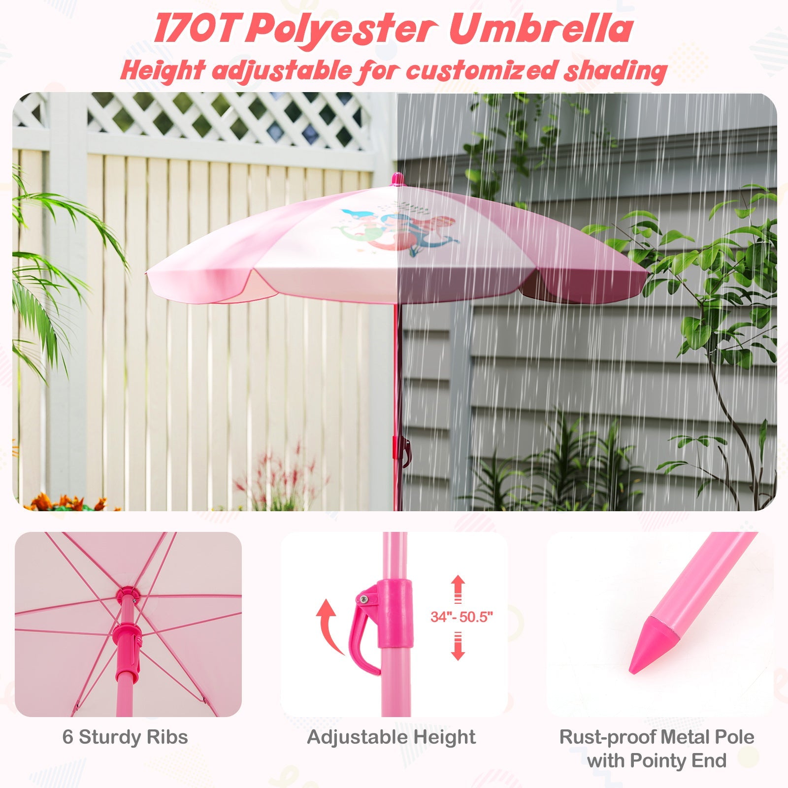 4 Pieces Kids Picnic Set with 2 Folding Chairs and Height Adjustable Umbrella-Pink