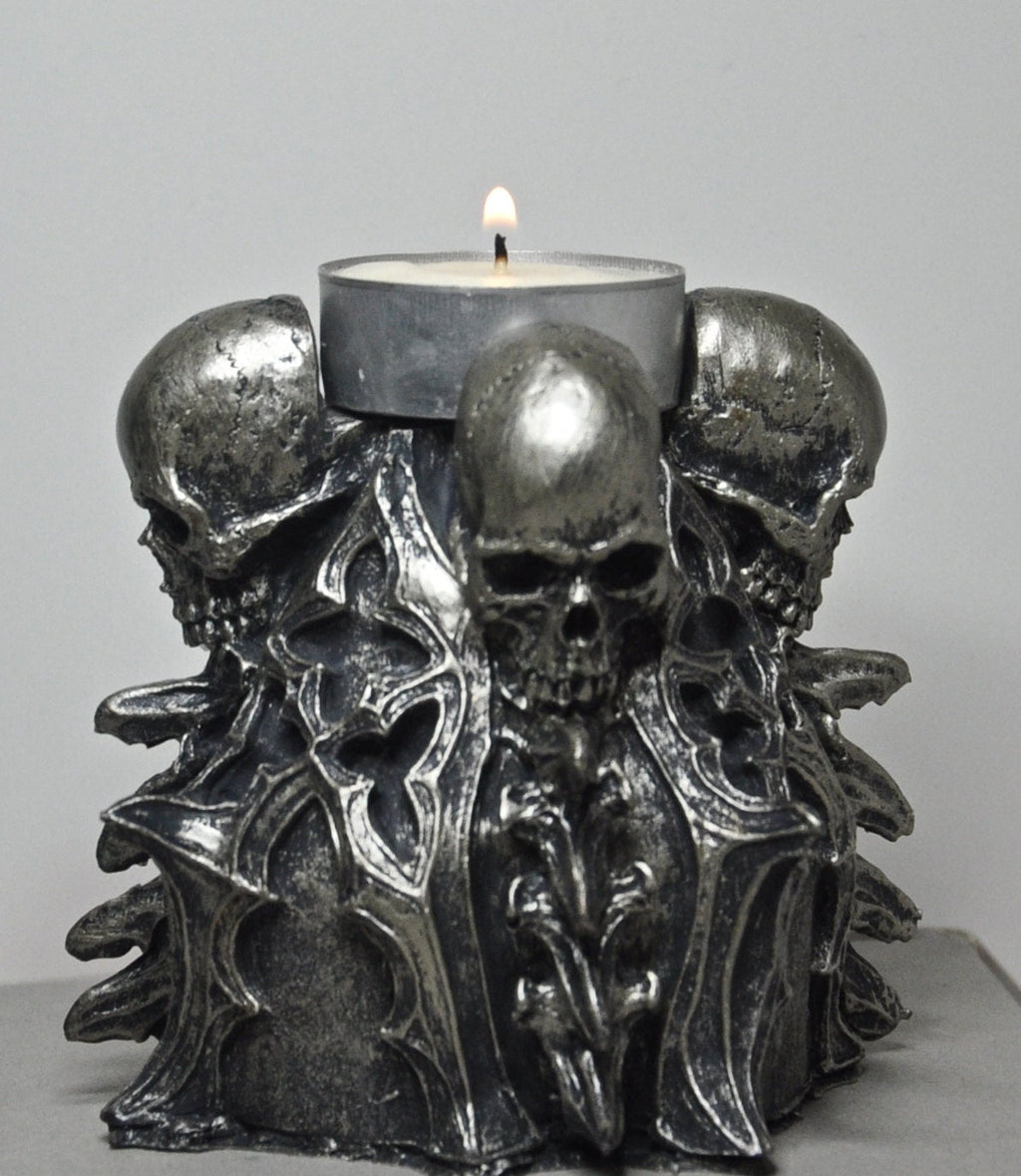 Requiem Gothic Tea Light Holder, Hand Sculpted Resin | Spooky Gothic Skull and Bones Candle Holder for Halloween Gift and Gothic Decor