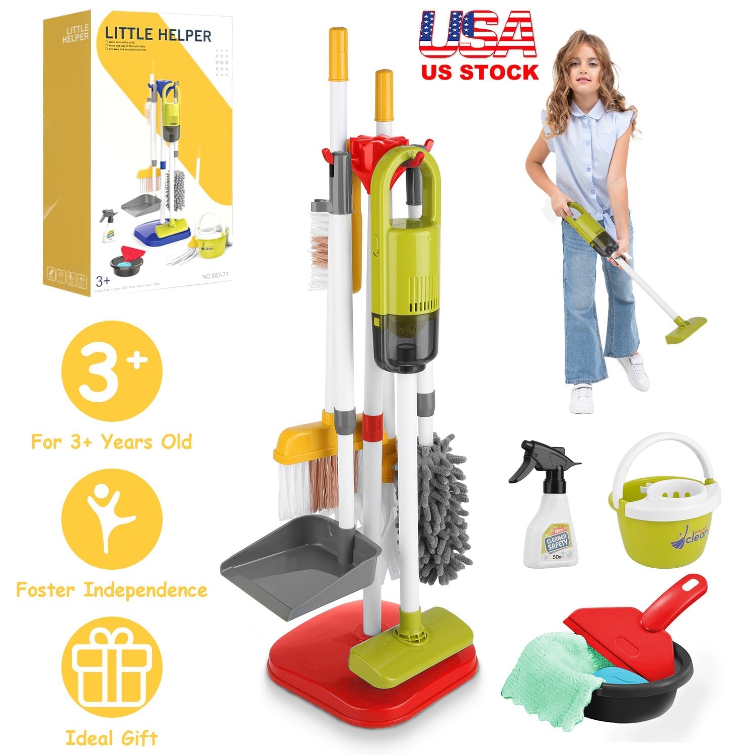 14Pcs Kids Cleaning Toy Set Toddler Housekeeping Pretend Play Kit with Vacuum Cleaner Broom Mop Organization Stand for Boys Girls Aged 3 4 5