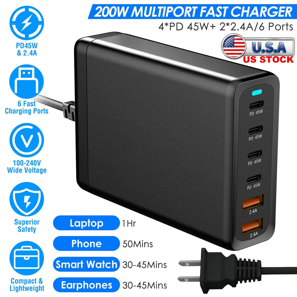 200W Fast Wall Charger with 6 Charging Ports Desktop USB Charging Station PD45W 2.4A GaN Power Adapter Fit for IOSPhone 14 13 12 11 Samsung S22 S21 Sw