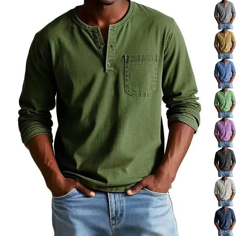Men's V-Neck Long Sleeve Pullover – Button Design Top