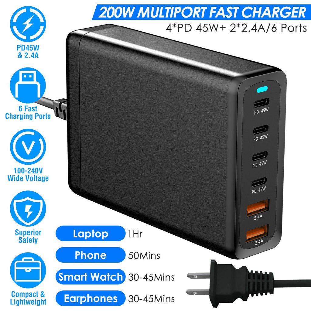 200W Fast Wall Charger with 6 Charging Ports Desktop USB Charging Station PD45W 2.4A GaN Power Adapter Fit for IOSPhone 14 13 12 11 Samsung S22 S21 Sw
