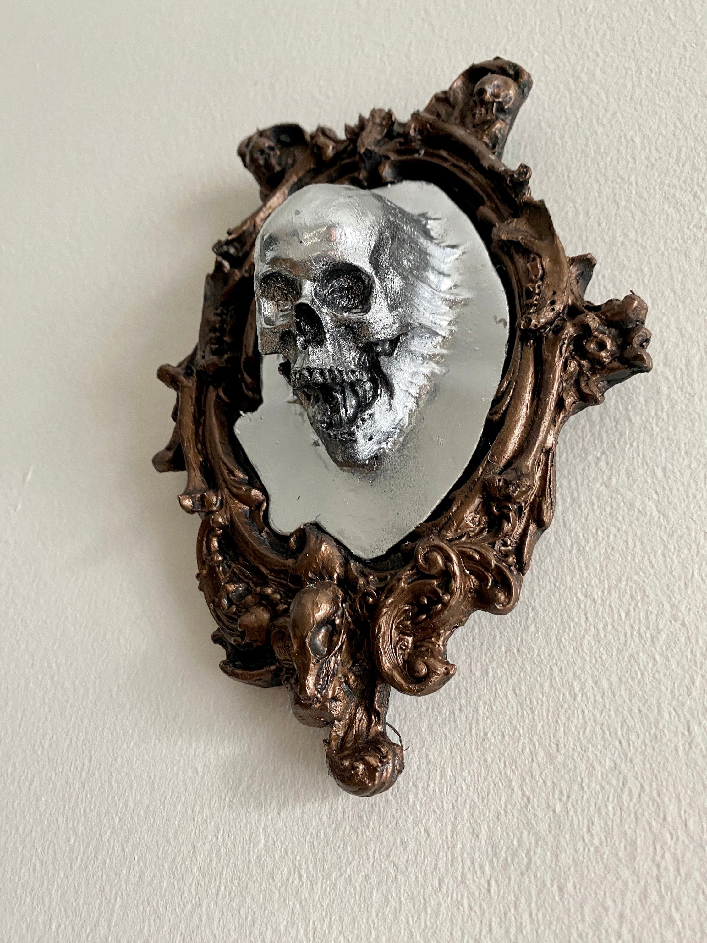 Spectral Skull Wall Plaque, Resin Sculpture | Victorian Gothic Haunted Wall Art | Ghost Skull in Mirror for Halloween, Spooky Home Decor