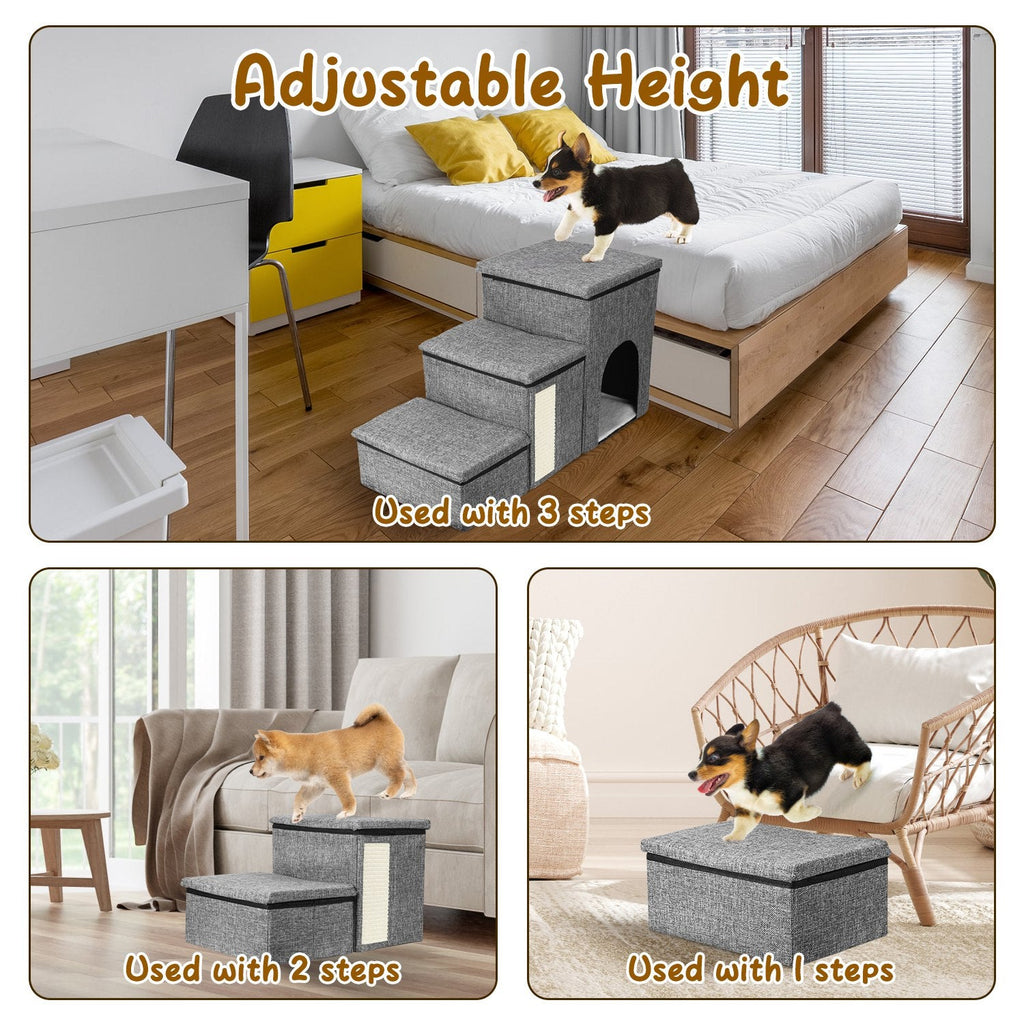 3 Step Pet Stair 4-IN-1 Foldable Dog Ramp Non-Slip Cat Storage Ladder with Scratcher Storage and Pet House for Old Pet Small/Medium Dog/Cat 165LBS Max