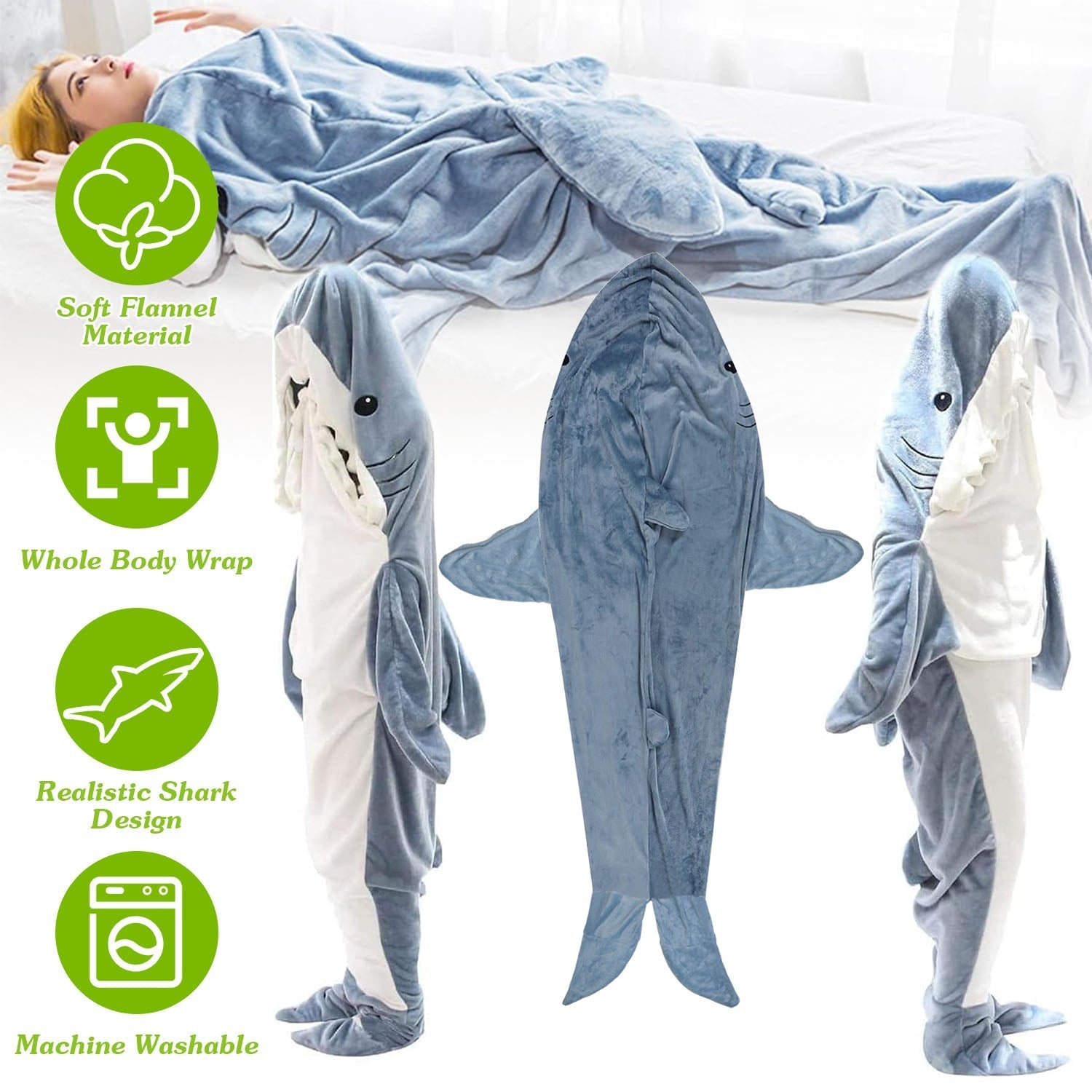 Wearable Shark Sleeping Bag Shark Onesie X-XXL Size Soft Comfortable Flannel Blanket With Zipper Suitable For Adult Children Height 4.2FT to 5.5FT