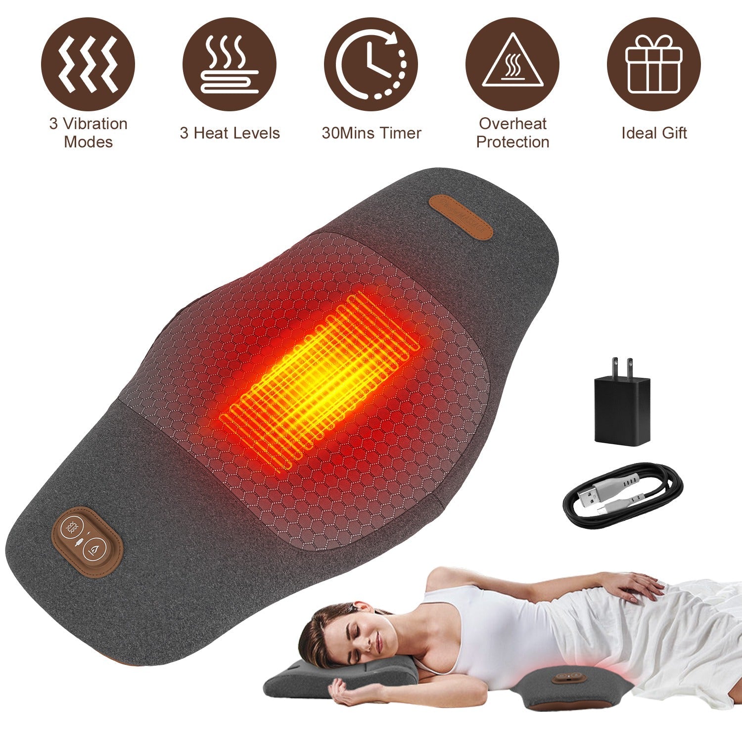 2 In 1 Electric Lumbar Massager Support Pillow Memory Foam Lower Back Massager with Heat Vibration Adapter for Pain Relief