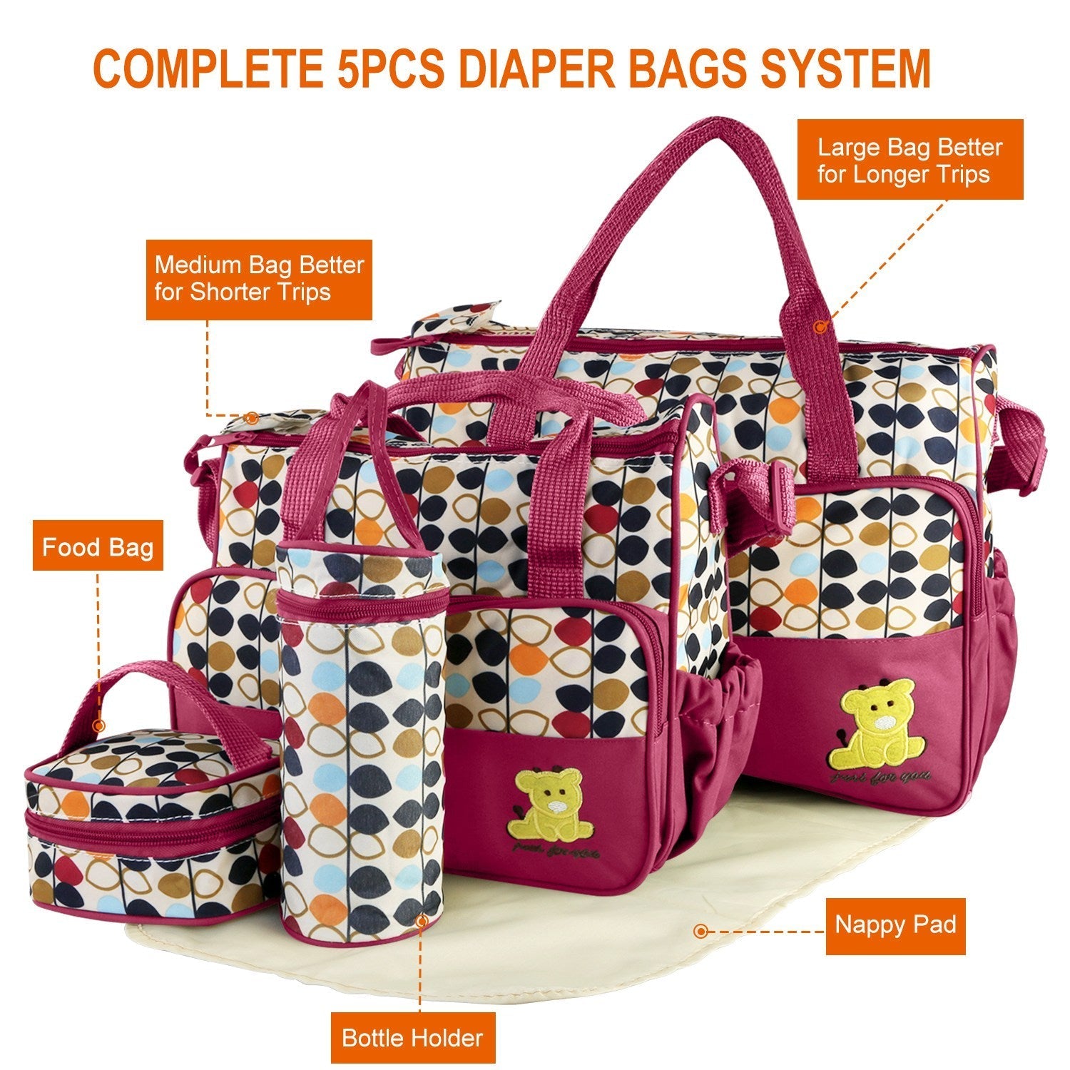 5PCS Baby Nappy Diaper Bags Set Mummy Diaper Shoulder Bags w/ Nappy Changing Pad Insulated Pockets Travel Tote Bags For Mom Dad