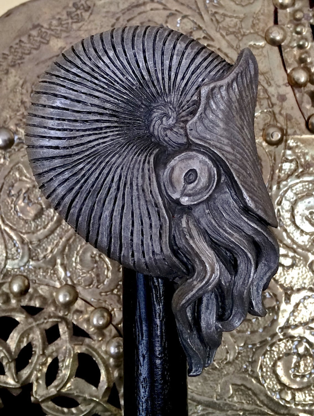 Nautilus Ammonite Cane, Hand Sculpted Walking Stick | Nautical Fossil Cane | Fantasy Natural History Cane, Maritime Gothic Accessory