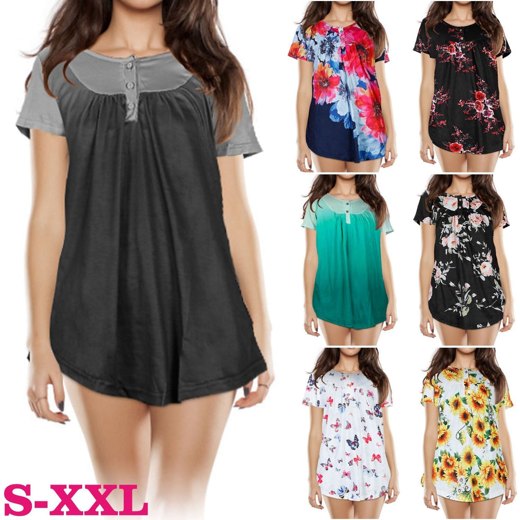 Women Summer Shirts Tops Loose Short Sleeve T Shirts Casual Floral Printed Button Shirts Blouse S-XXL