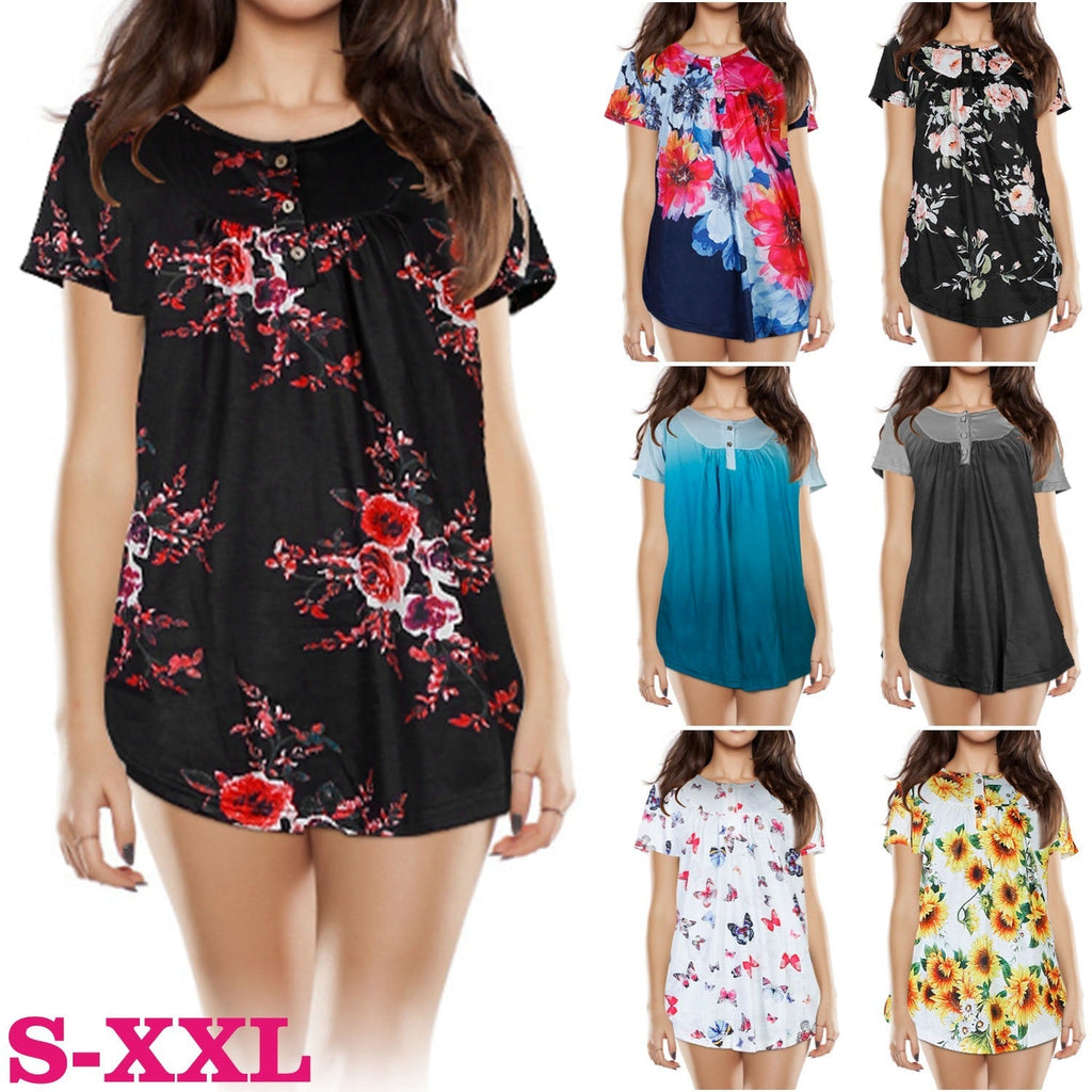Women Summer Shirts Tops Loose Short Sleeve T Shirts Casual Floral Printed Button Shirts Blouse S-XXL