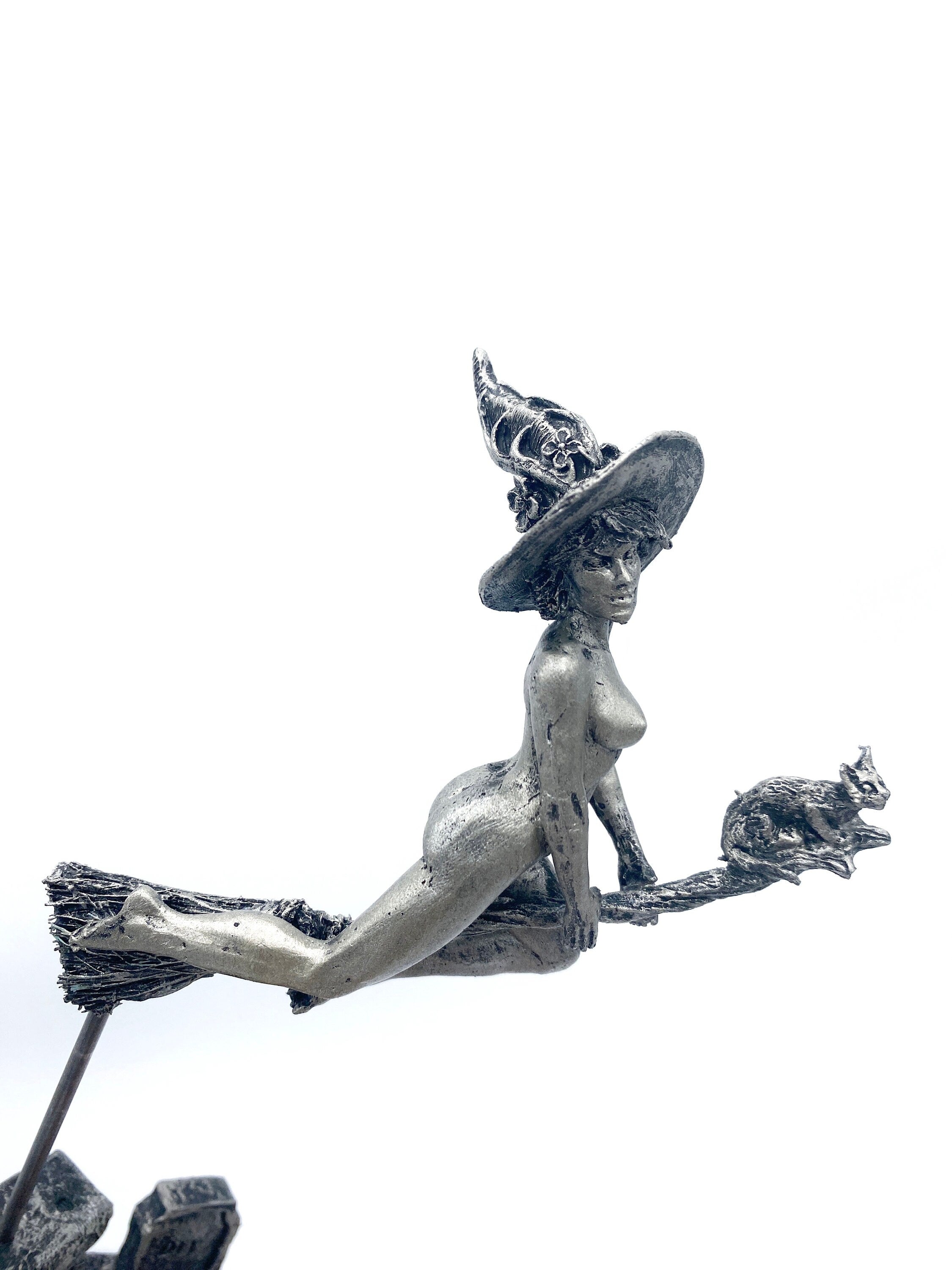 Witch’s Sabbath: Broomstick Rider Statue, Hand Painted Resin Sculpture | Pagan Folklore Figurine | Witchy Art for Gothic Home Decor