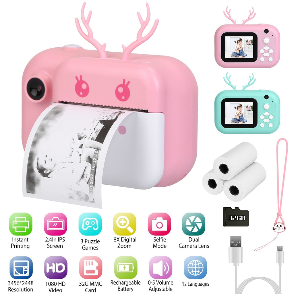 Kids Instant Print Camera 2.4in Digital Zero Ink Selfie Camera 1080P HD Video Recorder Toddler Camera with Dual Lens 3 Roll Print Papers Cute Stickers
