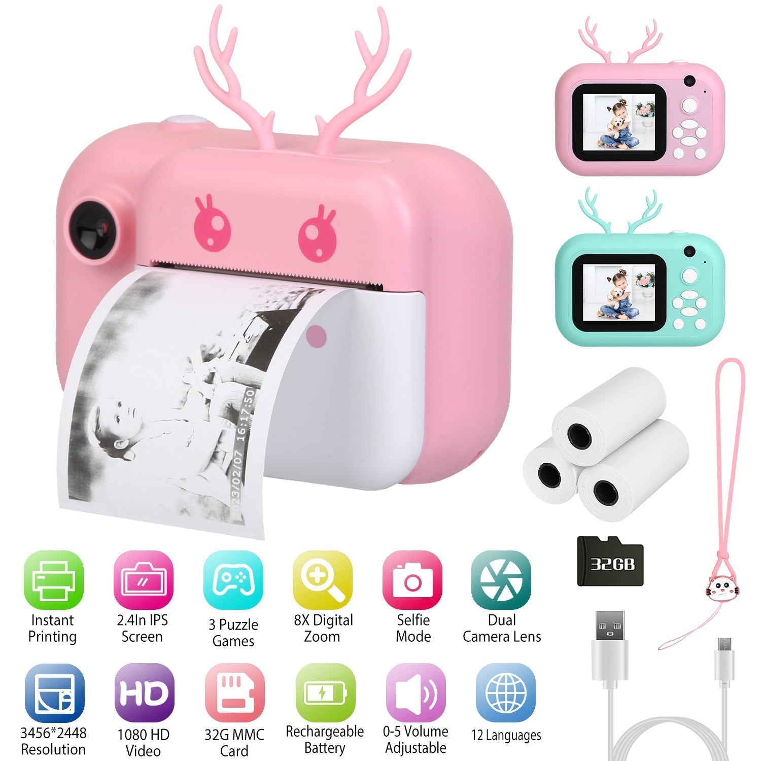 Kids Instant Print Camera 2.4in Digital Zero Ink Selfie Camera 1080P HD Video Recorder Toddler Camera with Dual Lens 3 Roll Print Papers Cute Stickers